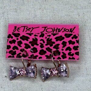 Betsey Johnson Vintage Gold Tone Pink Bow Dangle Earrings New With Tags